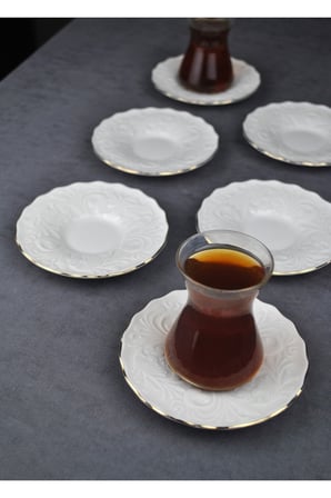 6 Kişilik Porselen Çay Tabağı Kabartma Desenli Yaldzlı 6 Adet Çay Tabak- Pera
