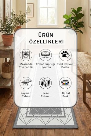Aren Gri Yıkanabilir Yolluk Halı Kaymaz Taban Salon Mutfak Gri