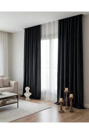 Siyah Rengi Kadifemsi Doku Pilesiz Düz Dikim Büzgülü Salon Fon Perdesi