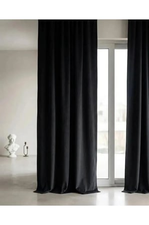 Siyah Rengi Kadifemsi Doku Pilesiz Düz Dikim Büzgülü Salon Fon Perdesi