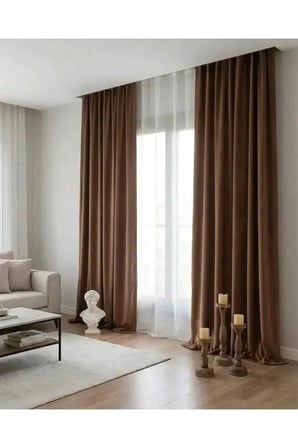 Açık Kahve Rengi Kadifemsi Doku Pilesiz Düz Dikim Büzgülü Salon Fon Perdesi
