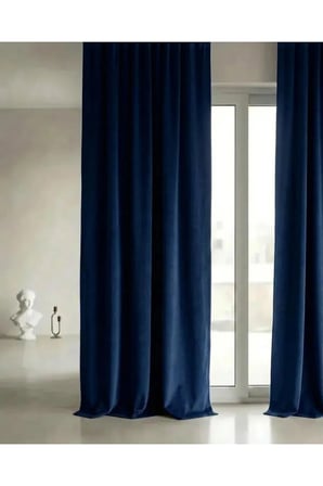 Lacivert Rengi Kadifemsi Doku Pilesiz Düz Dikim Büzgülü Salon Fon Perdesi