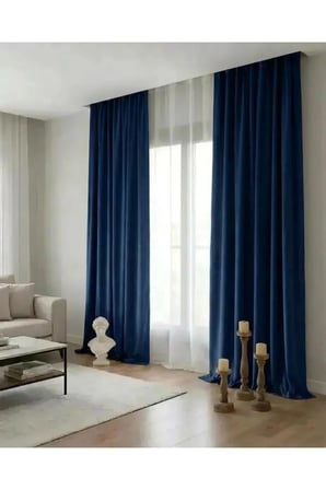 Lacivert Rengi Kadifemsi Doku Pilesiz Düz Dikim Büzgülü Salon Fon Perdesi