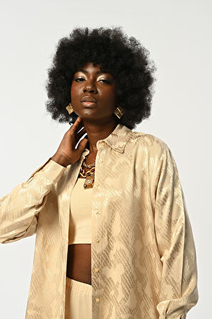 KADIN JAKARLI DESENLİ BEJ RENK OVERSİZE KESİM GÖMLEK