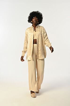 KADIN JAKARLI DESENLİ BEJ RENK OVERSİZE KESİM GÖMLEK