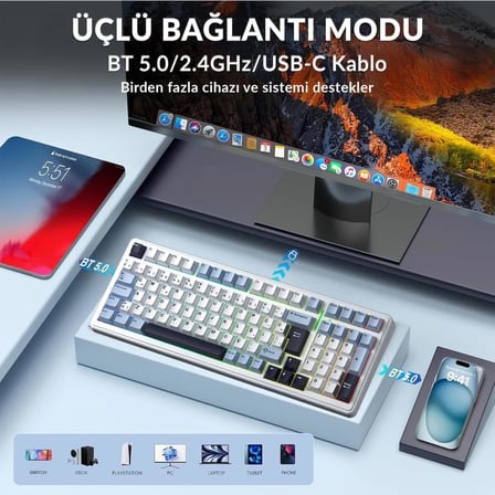 Aula F99 Siyah-Beyaz RGB GrayWood V3 Switch Kablolu/Kablosuz Mekanik Oyuncu Klavyesi(OUTLET)