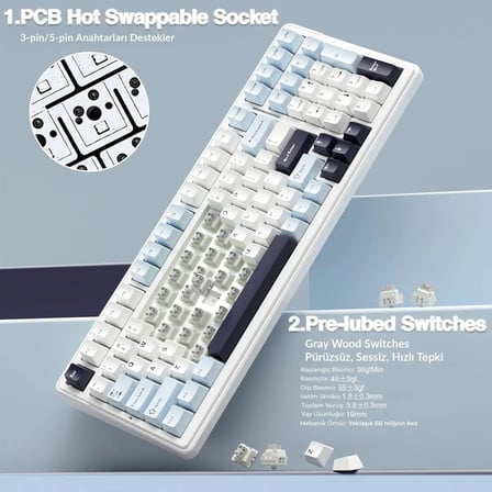Aula F99 Siyah-Beyaz RGB GrayWood V3 Switch Kablolu/Kablosuz Mekanik Oyuncu Klavyesi(OUTLET)