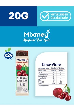 Mixmey Vişne Meyve Bar 24 Adet | Glutensiz, Vegan Atıştırmalık - 20Gr X 24 Adet