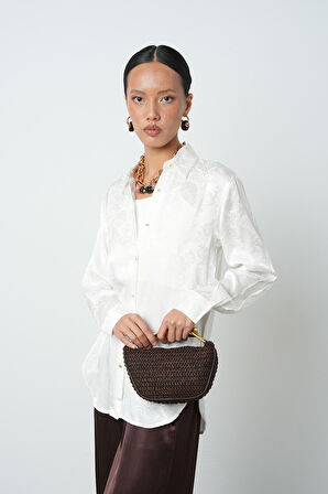 Kadın Ekru Renk Desenli Düğmeli Gömlek