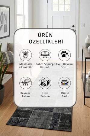 Pm Petra Gri Dijital Baskılı Kaymaz Yıkanabilir Yolluk - Leke Tutmaz