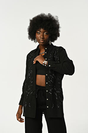 KADIN PUL VE NAKIŞ İŞLEMELİ OVERSİZE GÖMLEK