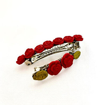 Uretti - Hülya 6683 El Yapımı Gül Desenli Polimer Kil 2’li Set Klipsli Saç Tokası / 8 cm - 6 cm