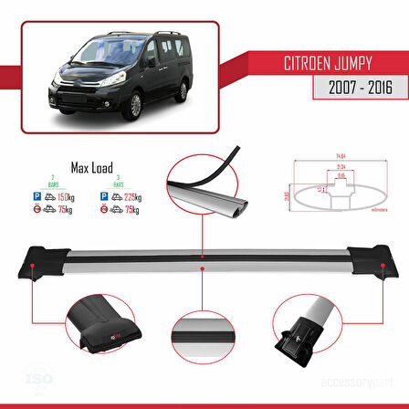 Citroen Jumpy 2 (G9) 2007-2016 Arası ile Uyumlu FLY Model Ara Atkı Tavan Barı Gri 2 Adet