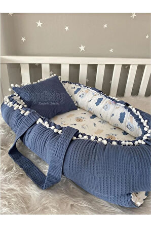 Babynest Organik Pamuklu Waffle Ve Müslin Kumaş Ponponlu Babynest Anne Yanı Bebek Yatağı