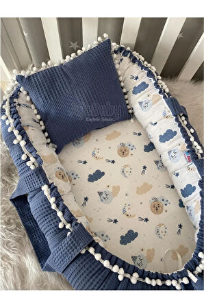 Babynest Organik Pamuklu Waffle Ve Müslin Kumaş Ponponlu Babynest Anne Yanı Bebek Yatağı