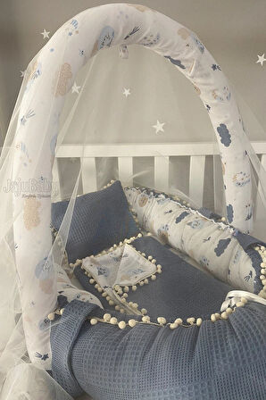 Nest Denim Pike Kumaş Müslin Ponponlu Jaju-babynest Ve Yorgan Oyuncak Aparat Ve Tül Set