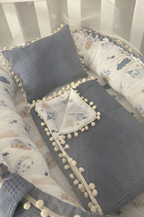 Nest Denim Pike Kumaş Müslin Ponponlu Jaju-babynest Ve Yorgan Oyuncak Aparat Ve Tül Set