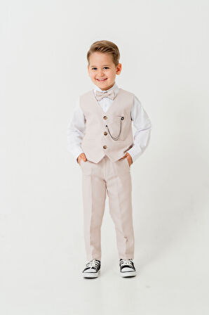 Erkek Çocuk Yelekli Slim Fit Takım Elbise – 4 Parça (Yelek, Pantolon, Gömlek, Papyon) TE.7026