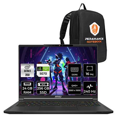 MSI Stealth 16 HX AI Ultra 9 285H 24GB 256GB SSD RTX5070/8GB 16" QHD+ 240Hz OLED FDOS Gaming Laptop