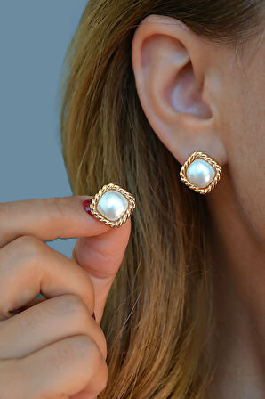 Retro Kare Model İnci Küpe Halka Dayanıklı