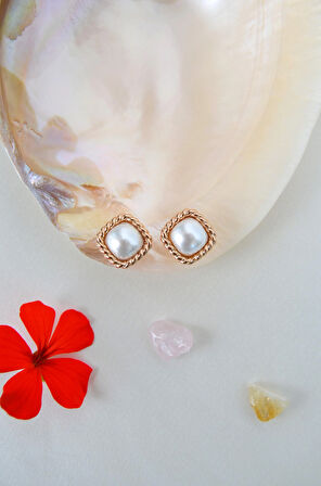 Retro Kare Model İnci Küpe Halka Dayanıklı