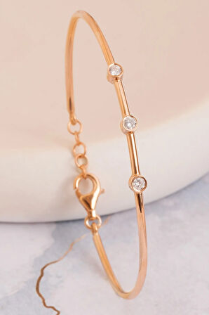 Kadın Gümüş Bileklik - Kadın Kelepçe - El Yapımı Rose Kaplama 3 Sıra Zirkon Taşlı Kadın Bileklik