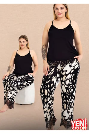 Lady Büyük Beden Desenli Bacaklar Dantelli Pijama Askılı Dantelli Üst Pijama Takımı