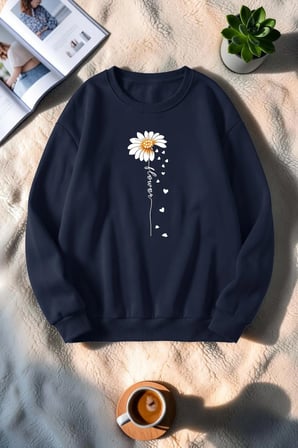 Unisex Flower Çiçek Baskılı Bisiklet Yaka Sweatshirt