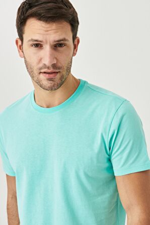 Erkek Turkuaz %100 Pamuk Slim Fit Dar Kesim Bisiklet Yaka Kısa Kollu Tişört