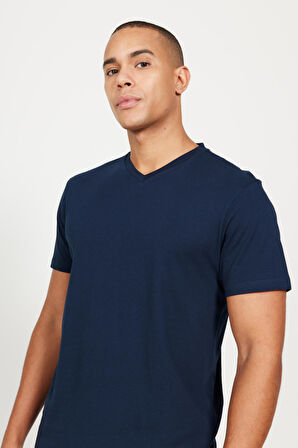 2'li Slim Fit Dar Kesim V Yaka %100 Pamuk Tişört