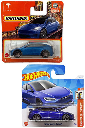 2 Araç Mavi Tesla Set - Hot Wheels Tesla Model S Plaid & Matchbox Tesla Model Y (1/64)