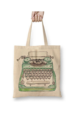 Daktilo Beyaz Bez Çanta Uzun Saplı Alışveriş Çantası Plaj Çantası