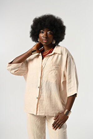 KADIN %100 KETEN TRUVAKAR KOLLU DÜZ RENK TEK CEPLİ GÖMLEK