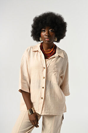 KADIN %100 KETEN TRUVAKAR KOLLU DÜZ RENK TEK CEPLİ GÖMLEK