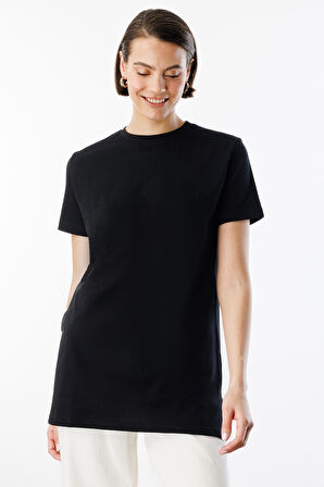Regular Fit Bisiklet Yaka Basic Düz Kısa Kollu %100 Pamuk Tunik OVERSIZE-TUNIK