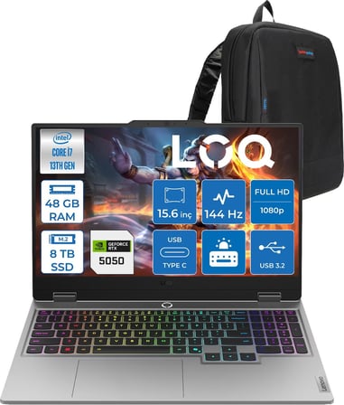 Lenovo Loq 15IRX10 Intel Core I7 13700HX 48GB Ddr5 8tb SSD RTX5050 8gb 100W Freedos 15.6" Fhd (1920X1080) IPS 300NITS 144Hz 100% Srgb Taşınabilir Bilgisayar W83JE00KKTRF30 + Zetta Çanta
