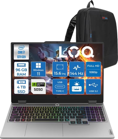 Lenovo Loq 15IRX10 Intel Core I7 13700HX 96GB Ddr5 4tb SSD RTX5050 8gb 100W Windows 11 Home 15.6" Fhd (1920X1080) IPS 300NITS 144Hz 100% Srgb Taşınabilir Bilgisayar W83JE00KKTRH46 + Zetta Çanta