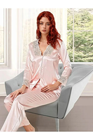 Kadın Saten Ekru Gecelik&Sabahlık&Pijama Üst ve Alt&Büstiyer&Şort 6'lı Çeyiz Seti