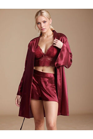 Kadın Saten Pudra Gecelik&Sabahlık-Pijama Üst-Pijama Alt& Büstiyer&Şort 6'lı Gelin Çeyiz Seti