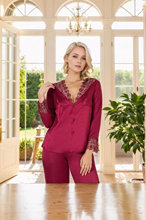 Kadın Ekru Saten Gecelik&Sabahlık&Şort&Büstiyer&Pijama Altı 6'lı Çeyiz Seti Takım