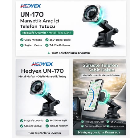 Hedyex UN-170 Araç İçi Telefon Tutucu Vantuzlu Mıknatıslı Cam ve Torpido Uyumlu