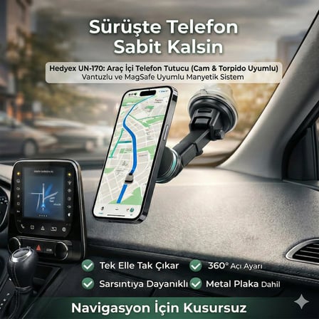Hedyex UN-170 Araç İçi Telefon Tutucu Vantuzlu Mıknatıslı Cam ve Torpido Uyumlu