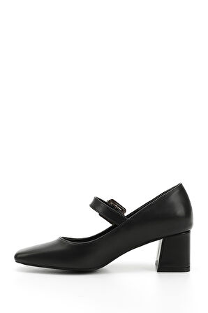 Siyah Küt Burun Kare Ökçe Mary Jane Ayakkabı