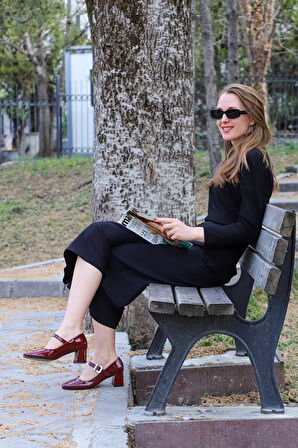 Bordo Rugan Küt Burun Kare Ökçe Mary Jane Ayakkabı