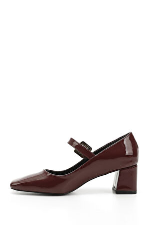 Bordo Rugan Küt Burun Kare Ökçe Mary Jane Ayakkabı