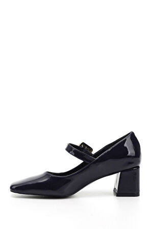 Lacivert Rugan Küt Burun Kare Ökçe Mary Jane Ayakkabı