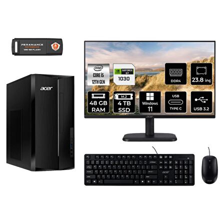 Acer Aspire TC1760 i5 12400 48GB 4TB SSD GT1030/4GB W11H DT.BHUEM.005 MASAÜSTÜ PC & 23.8" MONİTÖR