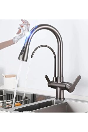 Mutfak Evye Bataryası Smart Dual Flow Su Arıtma Çıkışlı Antrasit Dokunmatik Spiralli 7 Yıl Garanti
