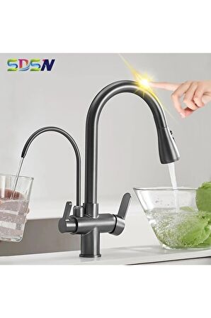 Mutfak Evye Bataryası Smart Dual Flow Su Arıtma Çıkışlı Antrasit Dokunmatik Spiralli 7 Yıl Garanti