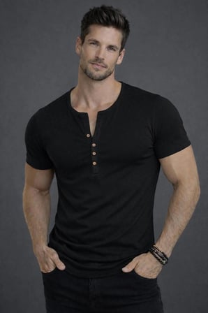 Özel Üretim Siyah Ekstra Slim Fit Bady Henley Yaka Dar Kesim düğmeli Açık Geniş Yaka Tişört T-Shirt